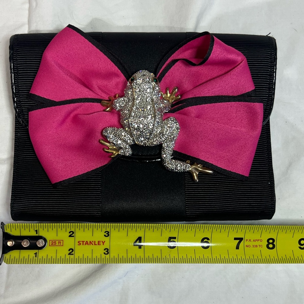 Bosom buddy Elegant Black Clutch with Pink Bow and Frog Accent